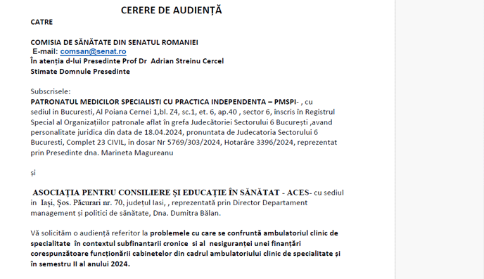 CERERE către Senatul României, Comisia de sănătate