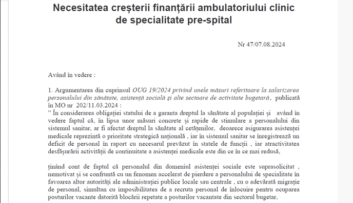 NOTA DE FUNDAMENTARE - Necesitatea creșterii finanțării ambulatoriului clinic de specialitate pre-spital