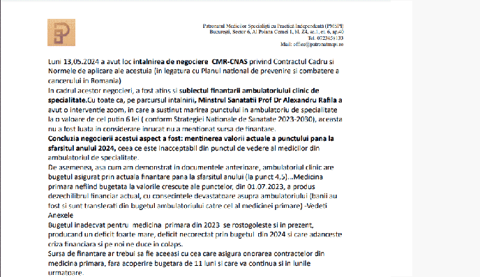 Update catre Președintele Comisiei de Sănătate - Senat